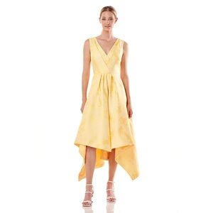 Kay Unger Fiona High-Low Midi V Neck Dress, Yellow size 4 NWT